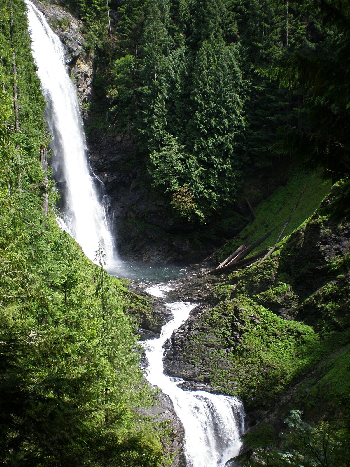 Middle Wallace Falls dropping through a green, forested gorge